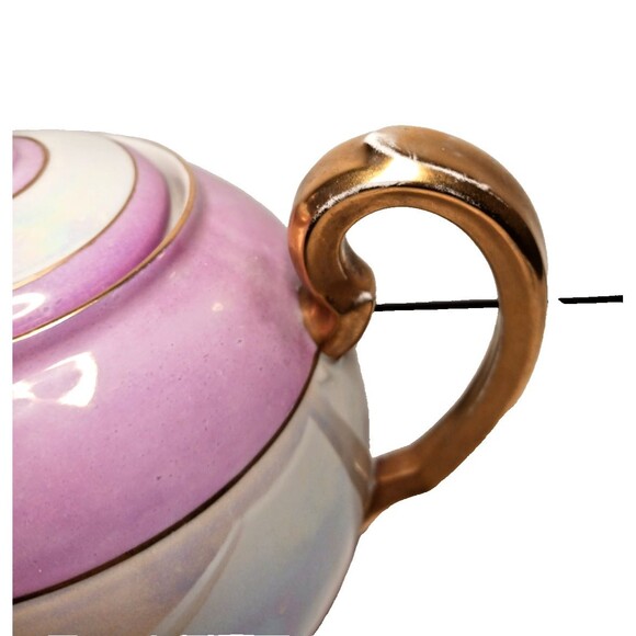 Antique G.H.O. Greiner & Herda Bavaria Lusterware Teapot Blue Pink Germany - Picture 9 of 13
